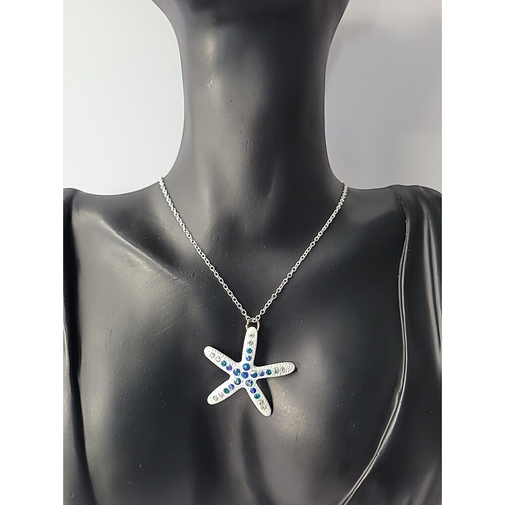 Vintage‎ Starfish Necklace White Resin Rhinestones Silver Tone Beach Coastal